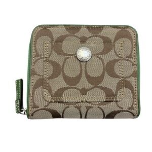 Coach signature brown khaki and green leather vintage Y2K zipper wallet